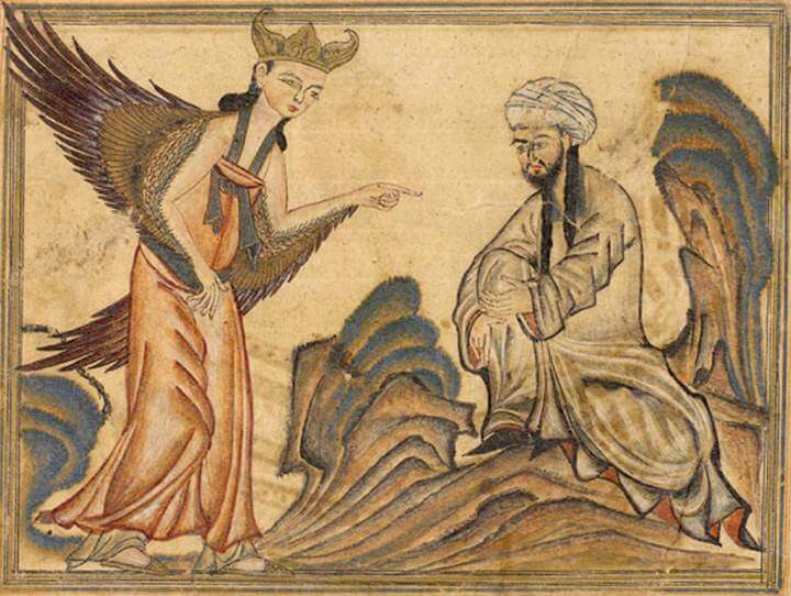 Mahoma recibiendo la revelación del arcángel Gabriel en una miniatura otomana