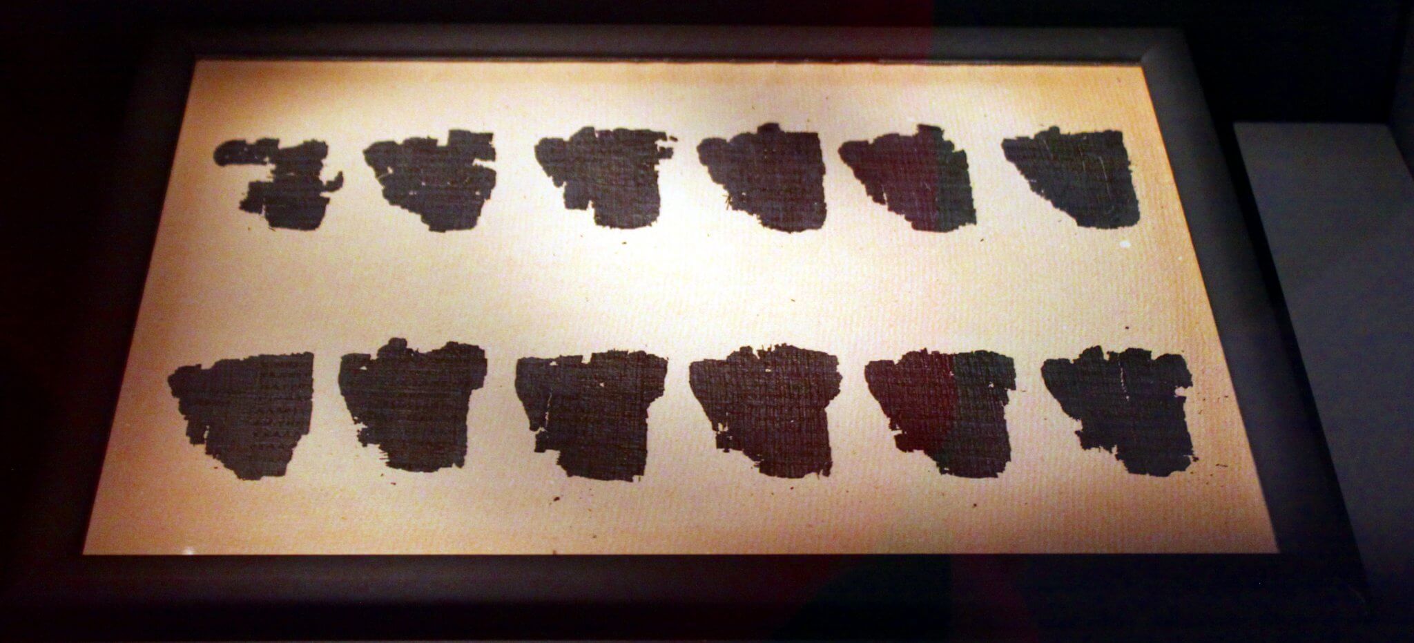 Fragmentos del papiro de Derveni expuestos en el Museo de Tesalónica