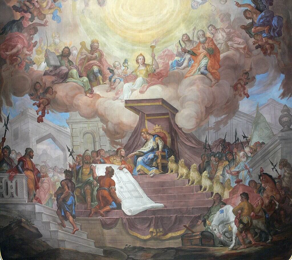 Salomón contempla los planes del Templo de Jerusalén en una pintura de Brugger